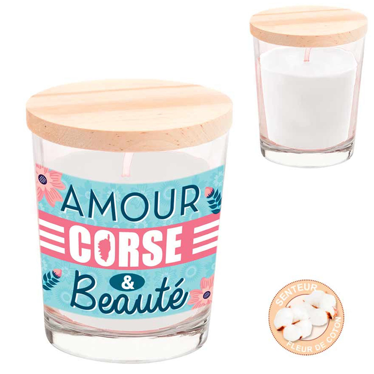 Bougie parfumée \'Corsica\' (Amour, Corse et Beauté - fleur de coton) - 92x70 mm - [A0695]