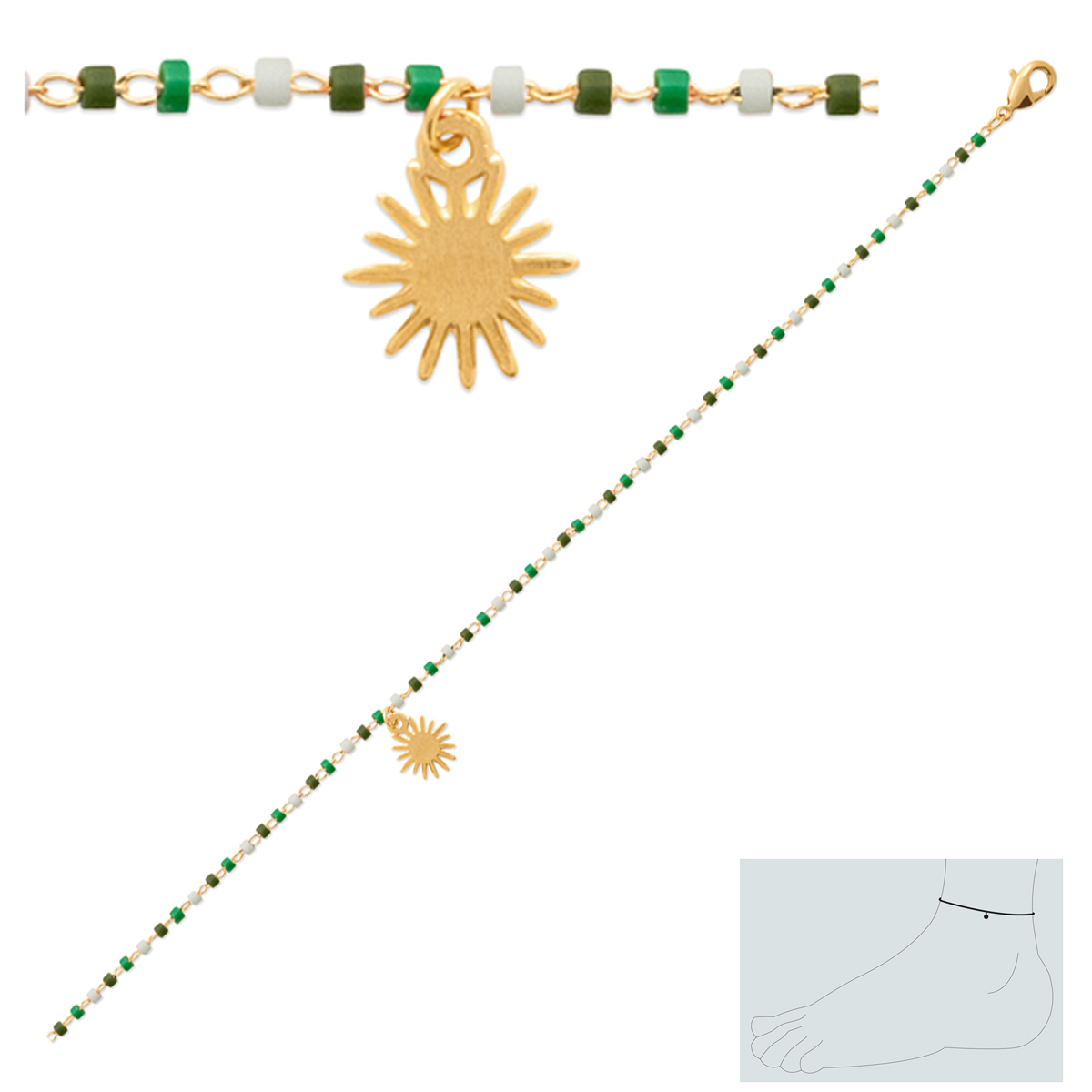 Chaîne Cheville plaqué or \'Soleil\' vert doré - 25 cm 9 mm - [R3544]