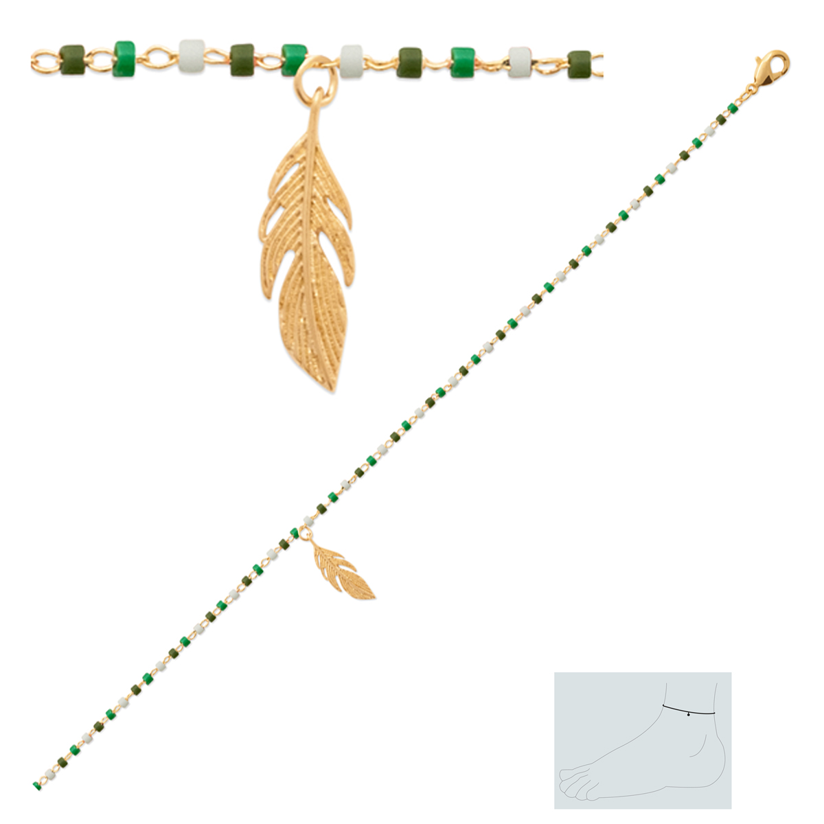 Chaîne Cheville plaqué or \'Navajos\' vert doré - 25 cm 15x5 mm (plume) - [R3551]