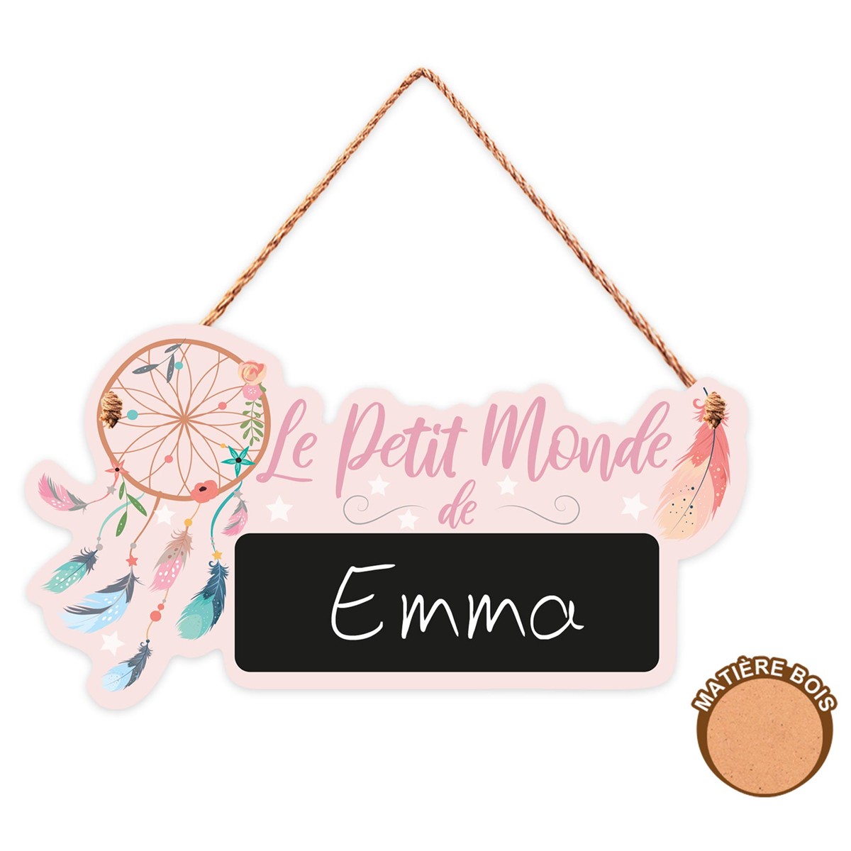 Plaque bois personnalisable \'Le Petit Monde de \' rose (dreamcatcher) - 195x105 cm - [A0712]