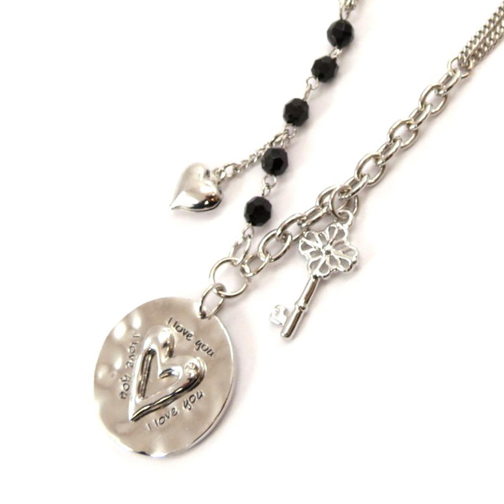 Collier créateur \'Love\' noir argenté  - [J7778]