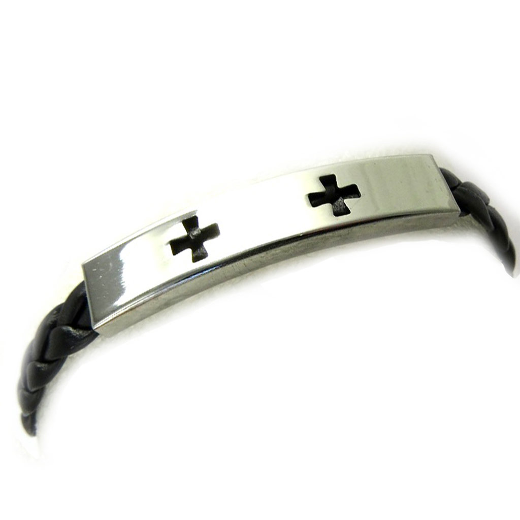 Bracelet acier \'Croix\' cuir - [M0736]