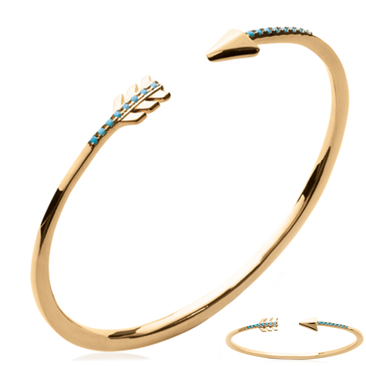 Bracelet plaqué or ouvert \'Navajos\' turquoise doré (flèche de Cupidon) - 57 mm - [N6202]