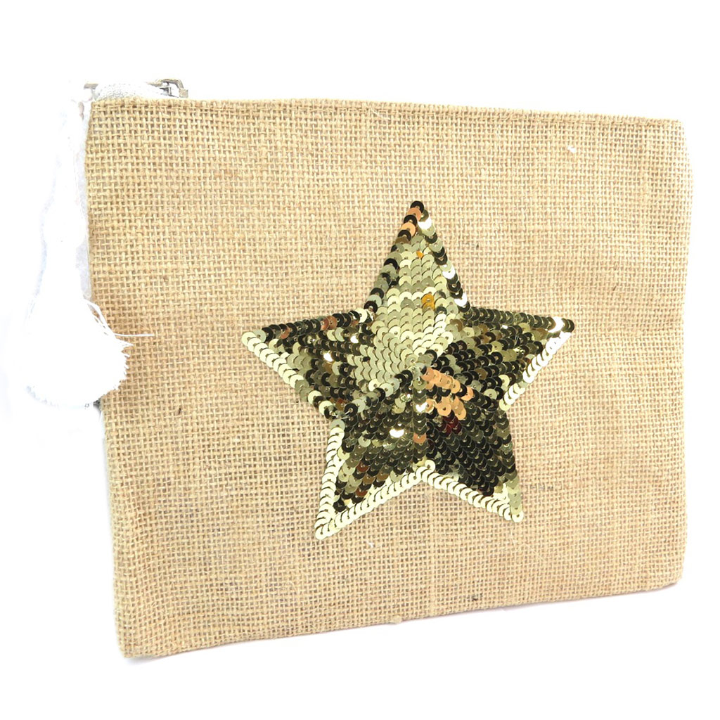 Trousse plate \'Boho\' beige doré (Etoile) - 22x19x1 cm - [P8782]