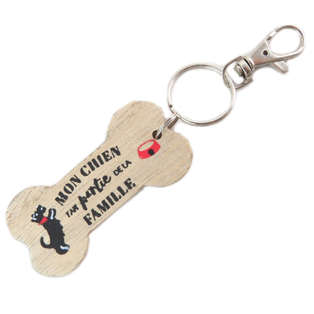 Porte-clés bois os \'Messages\' beige (Mon chien fait partie de la famille) - 7x3 cm - [P9204]