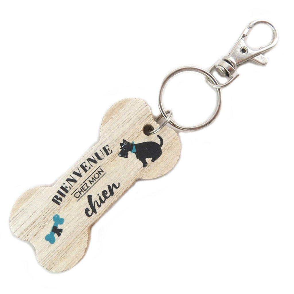 Porte-clés bois os \'Messages\' beige (Bienvenue chez mon chien) - 7x3 cm - [P9205]