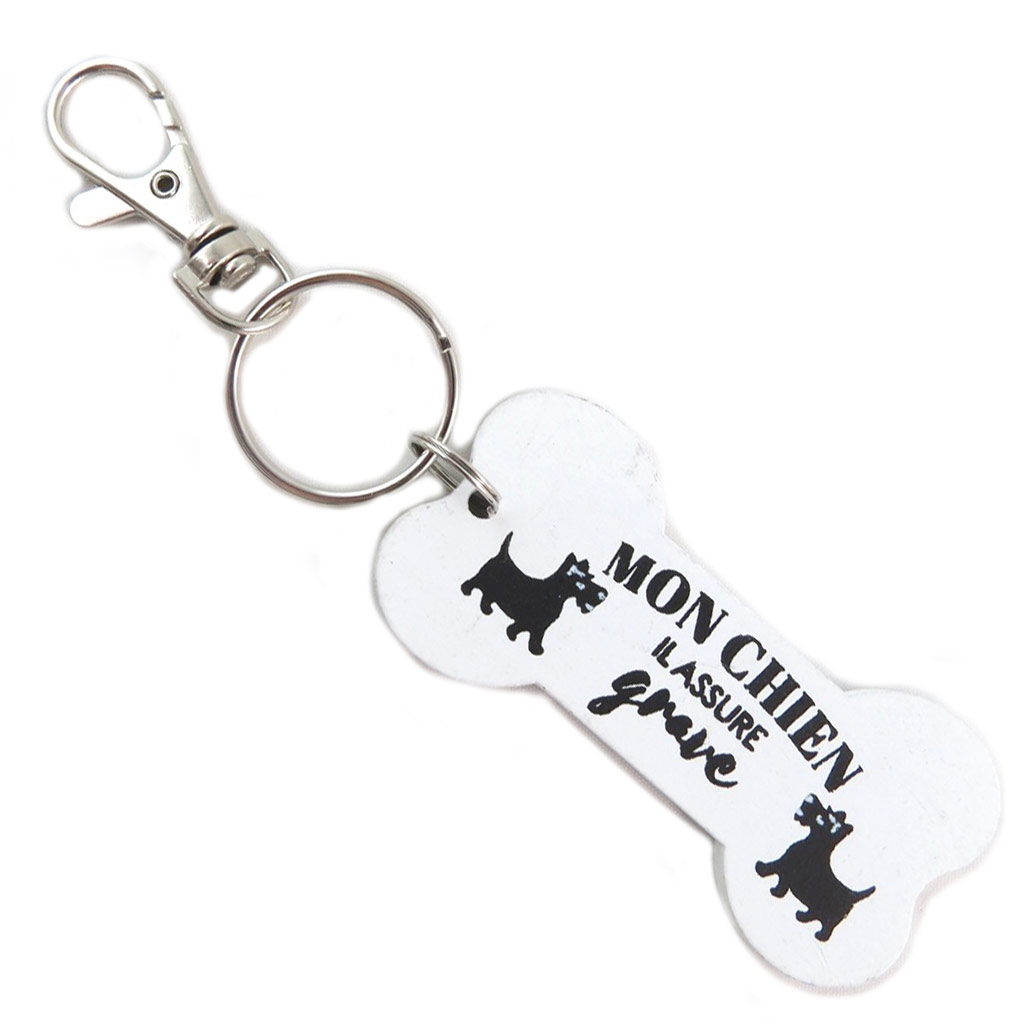 Porte-clés bois os \'Messages\' blanc (Mon chien il assure grave) - 7x3 cm - [P9208]