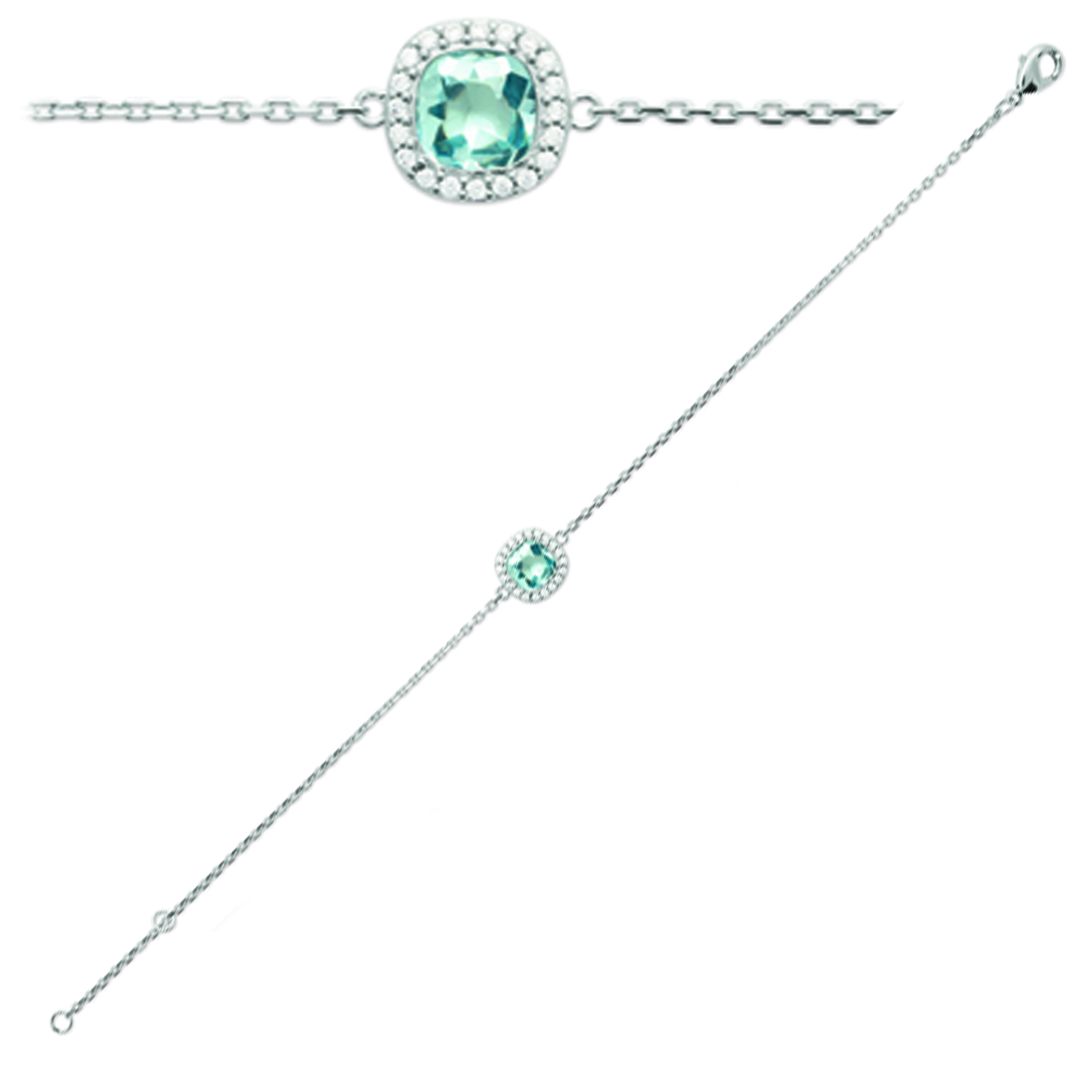Bracelet Argent \'Sissi\' turquoise aquamarine argenté (rhodié) - 9x9 mm - [Q4704]
