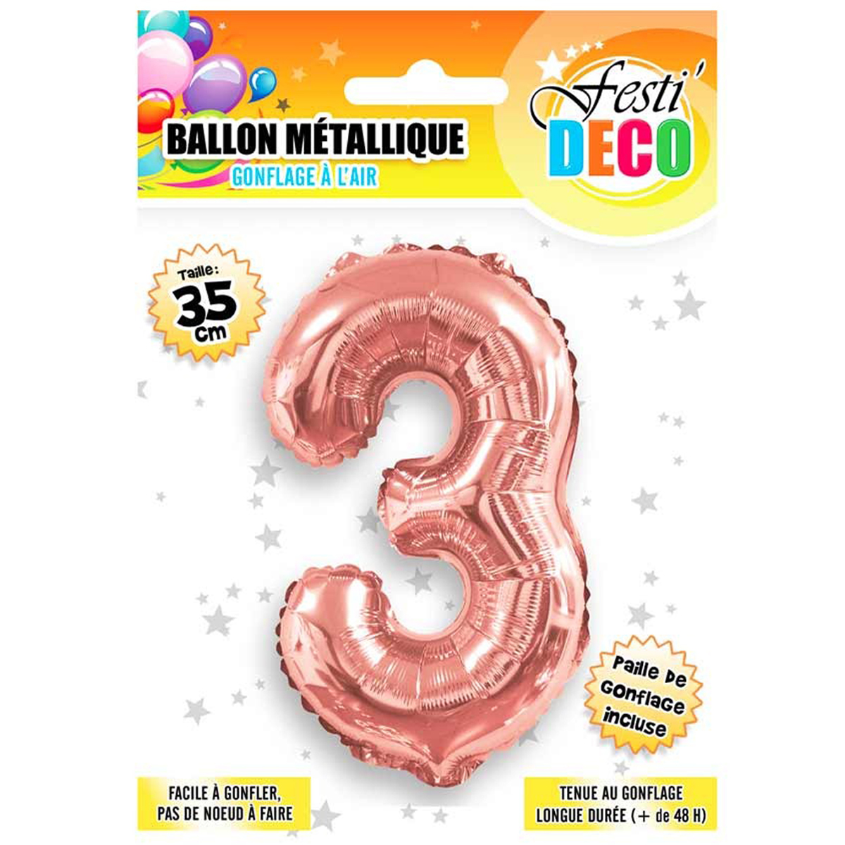 Ballon métallique \'Chiffre 3\' doré rosé - 35 cm - [Q5459]