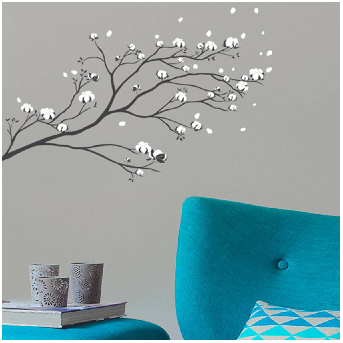 Planche de stickers \'Branche de Coton\' blanc noir - 50x70 cm - [Q5929]