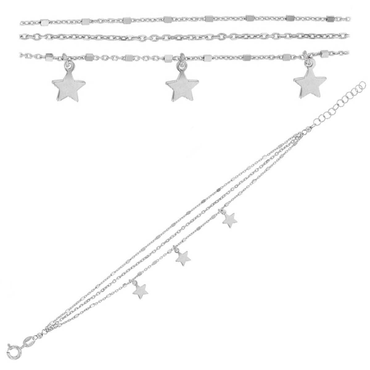 Bracelet Argent artisanal \'Une Etoile est Née\' argenté (rhodié) - étoile 6x6 mm (3 rangs) - [Q9399]