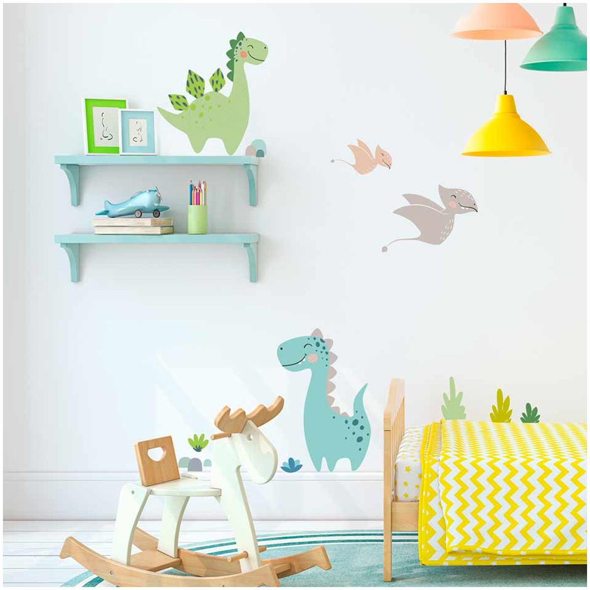 Planche de stickers \'Dinosaures\' vert gris - 50x70 cm - [Q9521]
