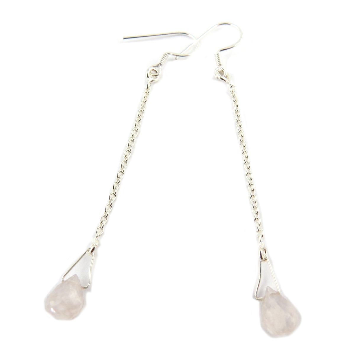Boucles Argent artisanales \'Heaven\' quartz rose argenté - 7 cm, 10x7 mm - [Q9852]