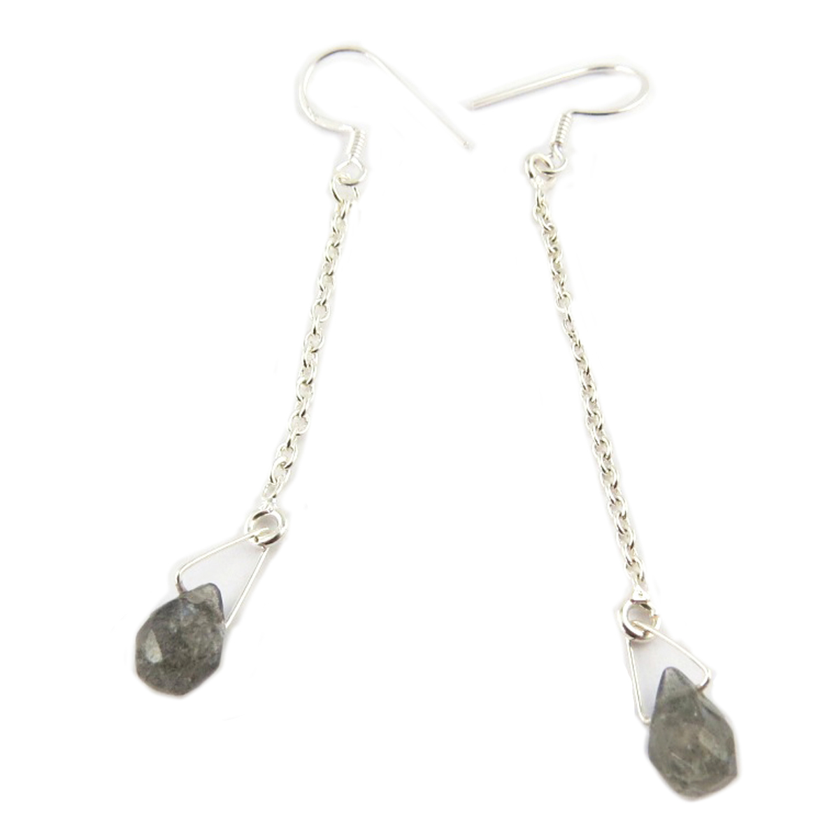 Boucles Argent artisanales dissymétriques \'Heaven\' labradorité argenté - 7 et 6 cm, 10x7 mm - [Q9854]