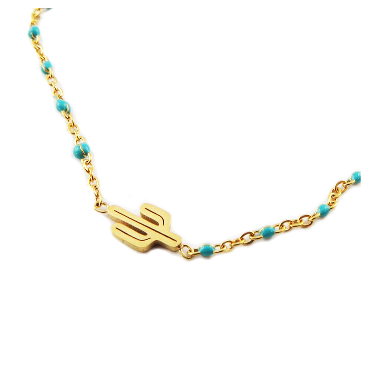 Bracelet créateur Acier \'Cactus\' turquoise doré - 10x5 mm - [R0243]