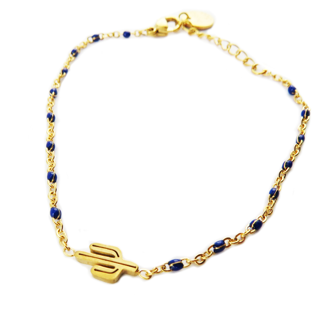 Bracelet créateur Acier \'Cactus\' bleu doré - 10x5 mm - [R0246]