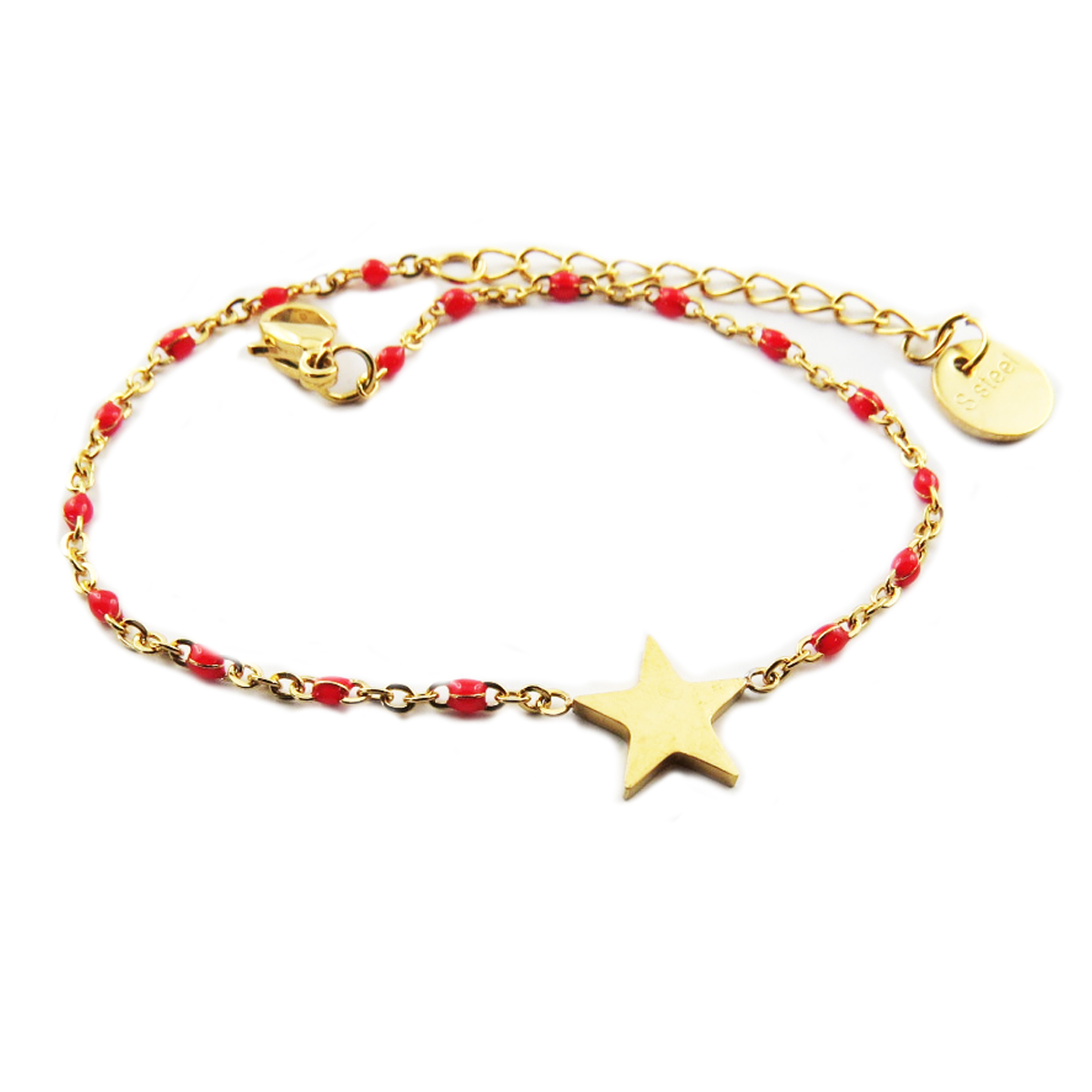 Bracelet créateur Acier \'Une Etoile est Née\' rouge doré - 10x10 mm - [R0251]