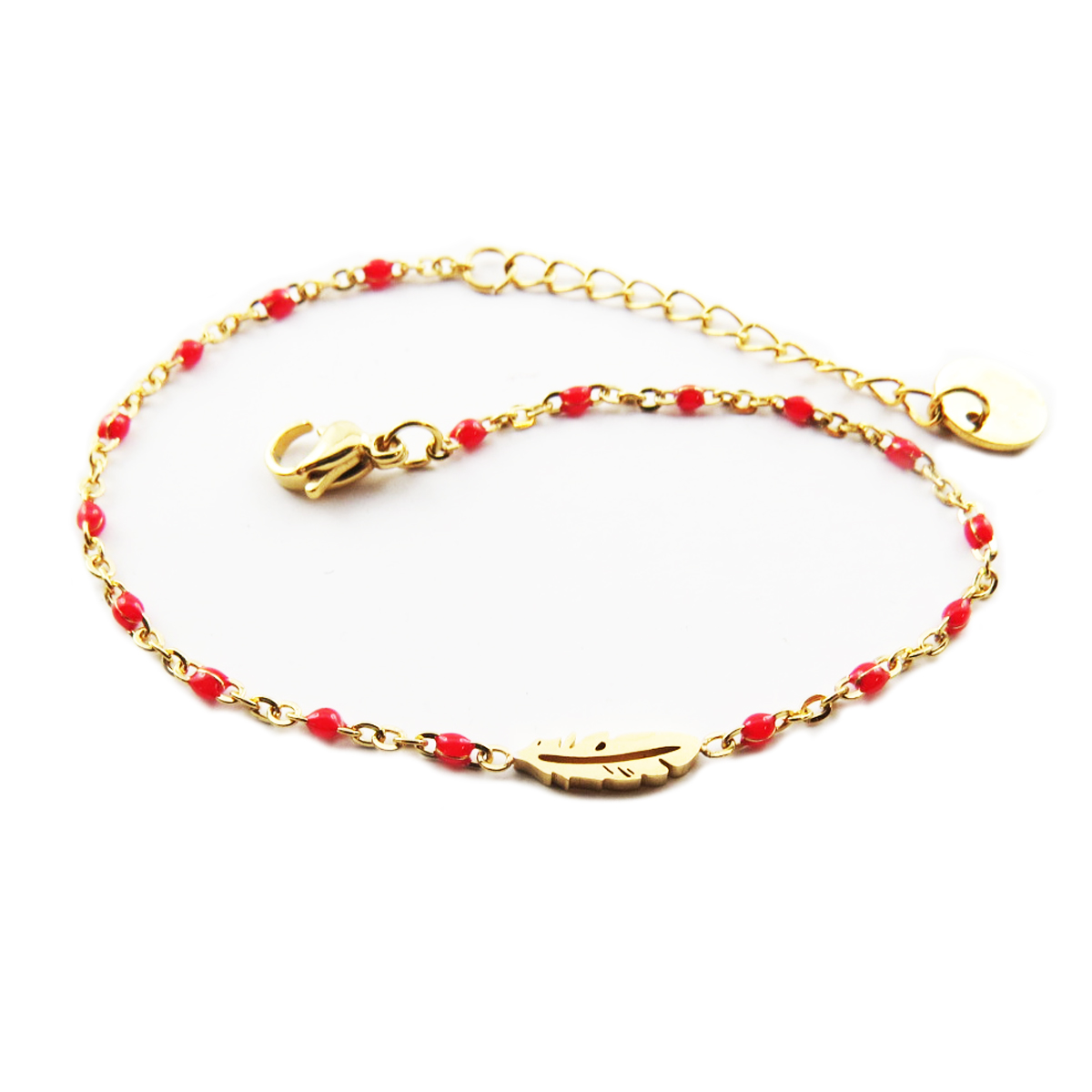 Bracelet créateur Acier \'Boho\' rouge doré - 10x3 mm (plume) - [R0259]