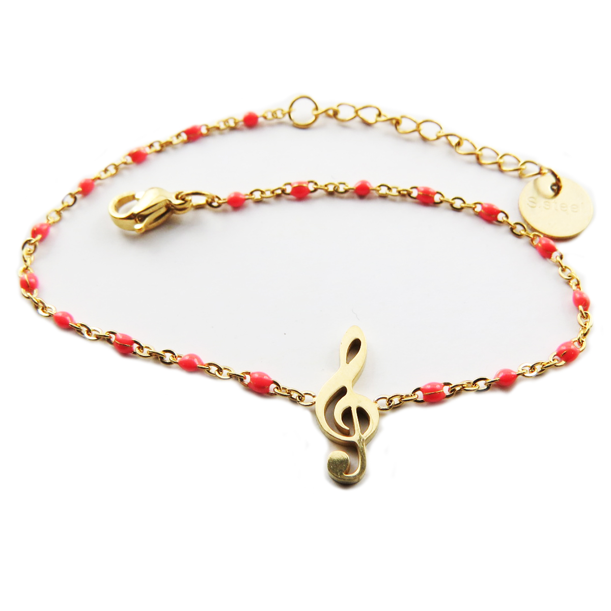 Bracelet créateur Acier \'Clé de Sol\' rose corail doré - 15x5 mm - [R0280]