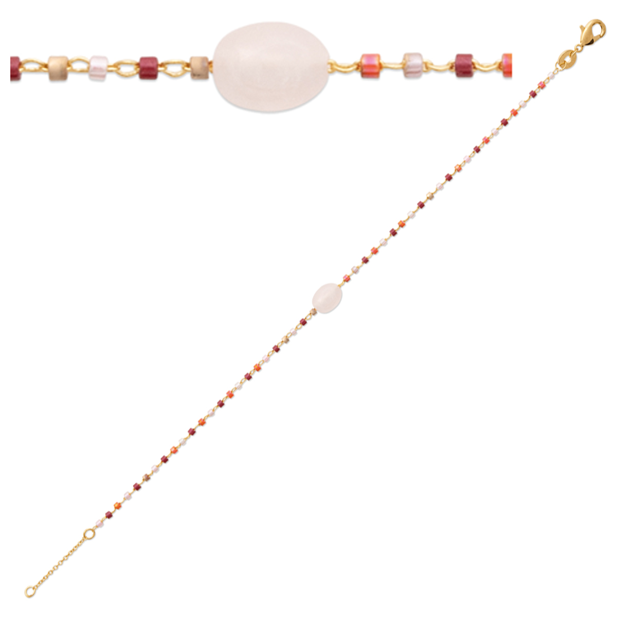 Bracelet Plaqué Or \'Boho\' rose rouge doré (quartz rose) - 8x6 mm - [R1118]