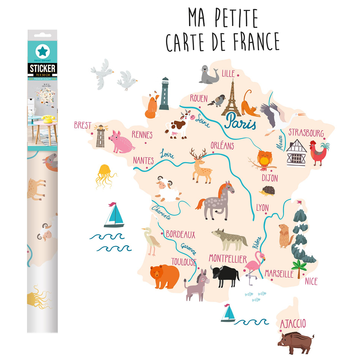 Planche de stickers \'Ma Petite Carte de France\' multicolore - 50x70 cm - [R3406]