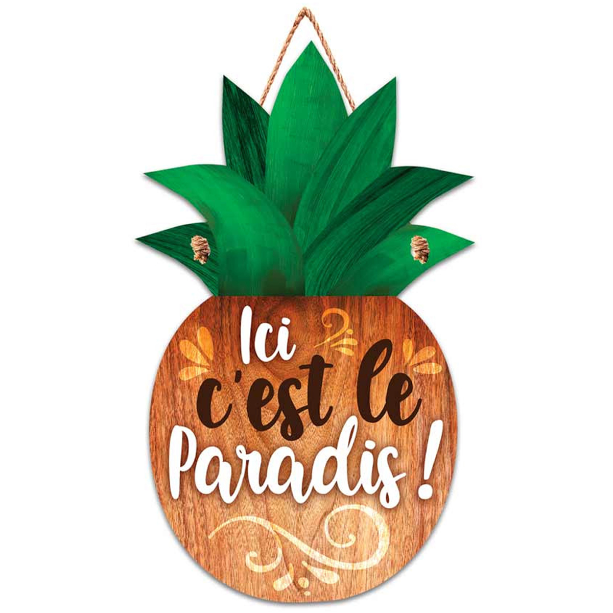 Plaque bois \'Messages\' marron vert (Ananas - Ici c\'est le Paradis !) - 24x13 cm - [Q7103]