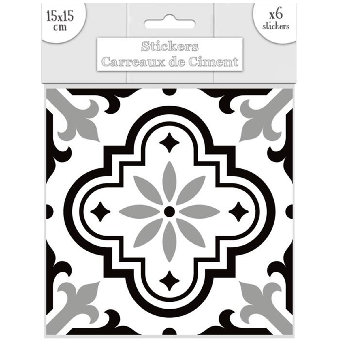 Set de 6 stickers \'Carreaux de Ciment\' noir - 15x15 cm - [Q7344]