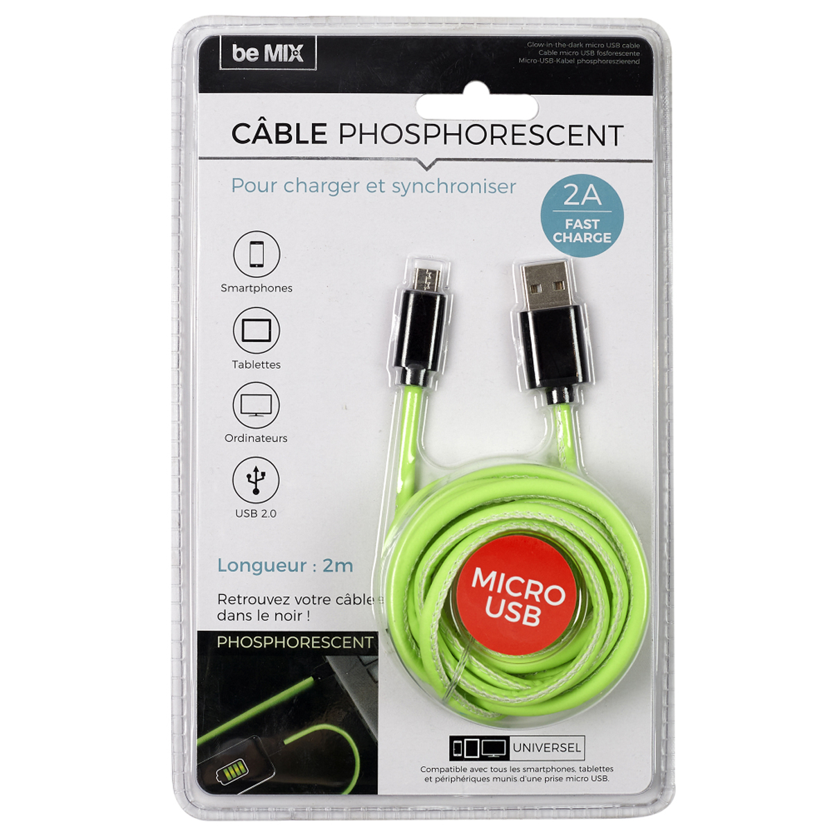 Cable de charge rapide 2A micro Android USB, phosphorescent - 2 m - [A1222]