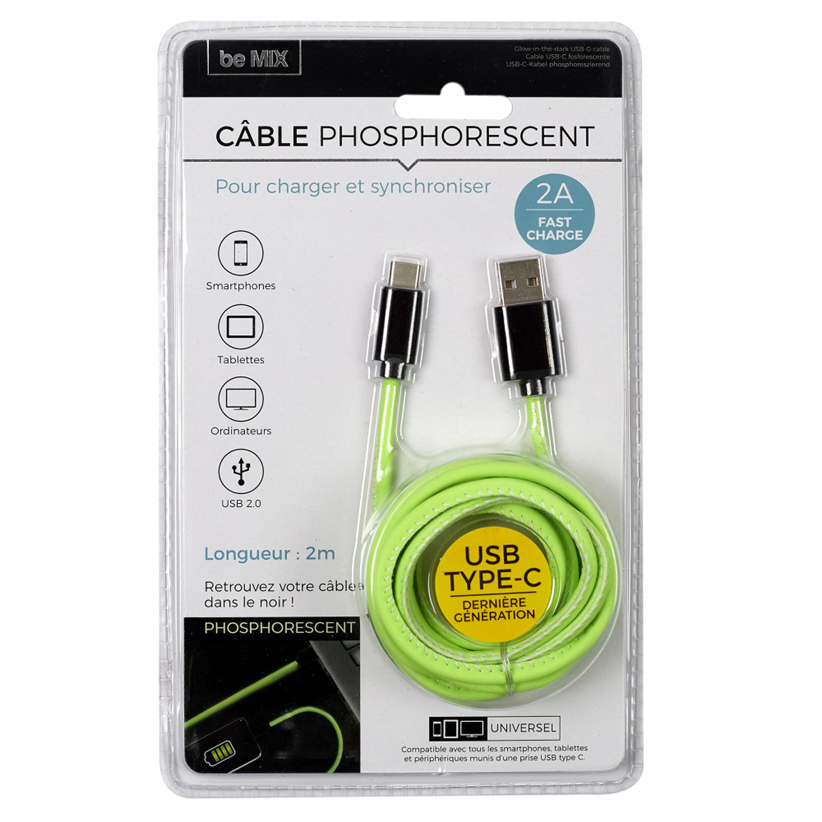 Cable de charge rapide 2A USB Type C Android, phosphorescent - 2 m - [A1223]