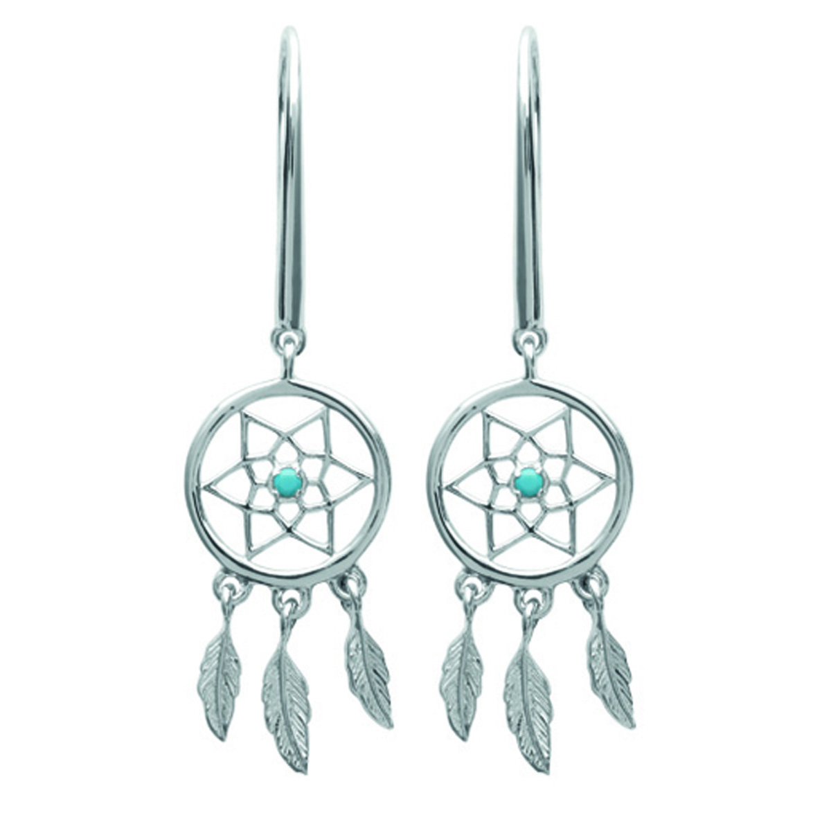 Boucles Argent \'Navajos\' turquoise argenté dreamcatcher (rhodié) - 20x10 mm - [P1978]