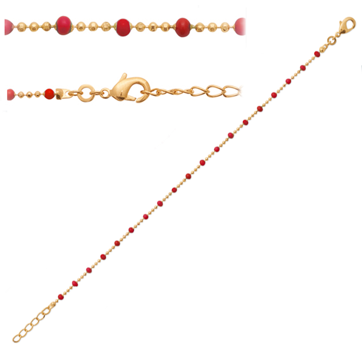 Bracelet Plaqué Or \'Boho\' rouge doré (billes) - 18 cm, 2 mm - [Q3742]