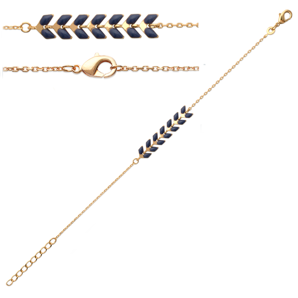 Bracelet Plaqué Or \'Boho\' bleu foncé doré (épi de blé) - 18 cm, 30x6 mm - [Q4155]