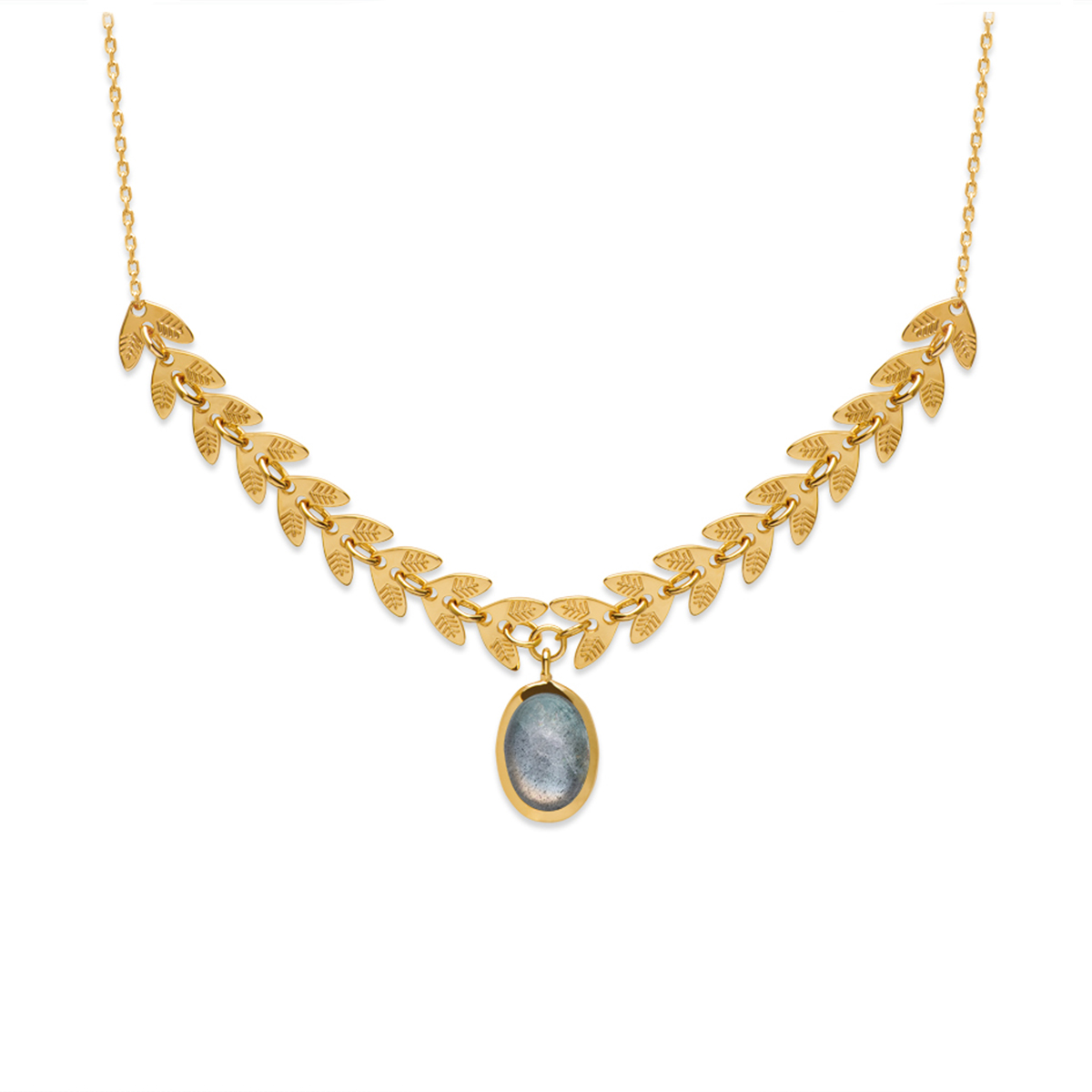 Collier Plaqué Or \'Cléopatra\' labradorite doré (épi de blé) - pierre 10x7 mm - [Q4689]