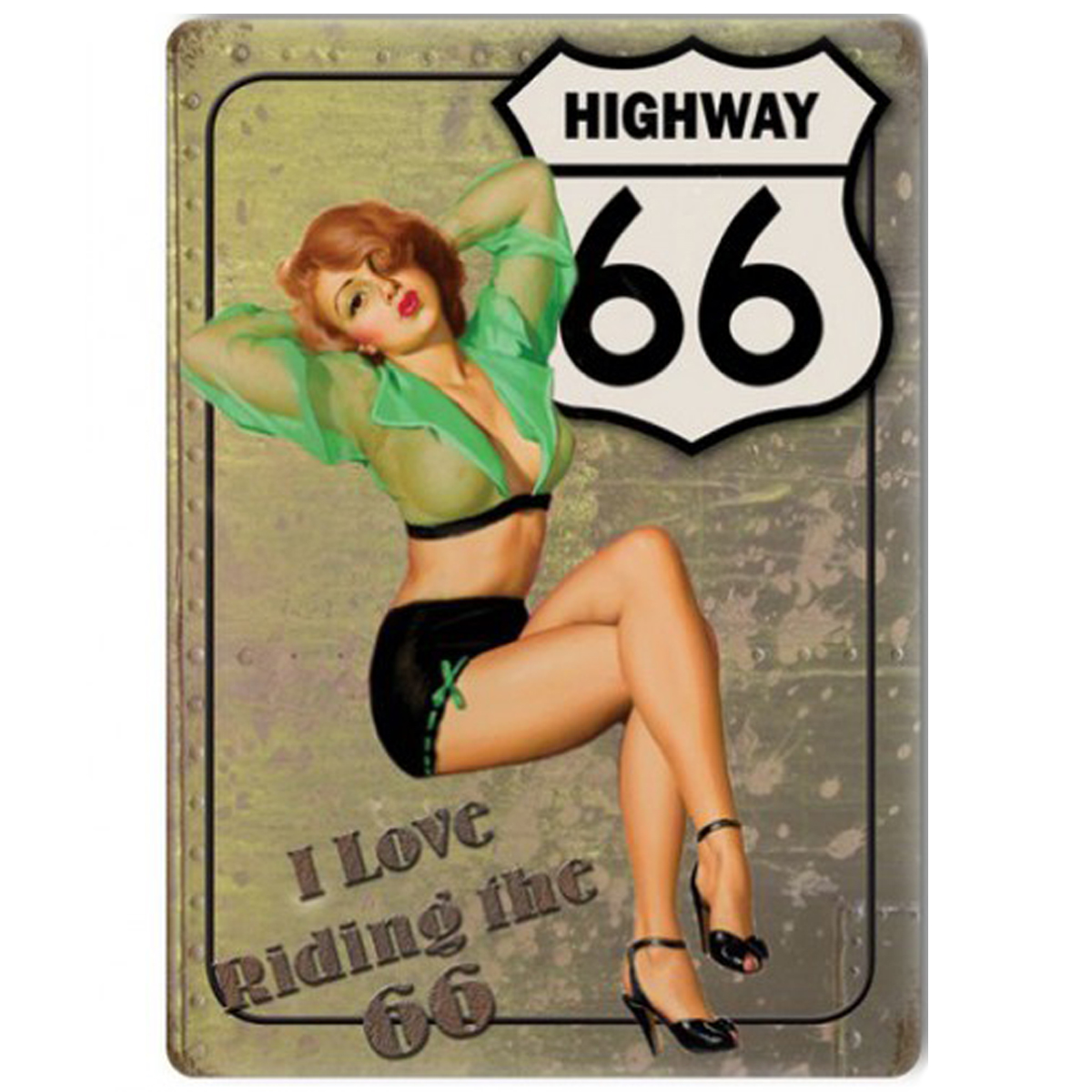 Magnet métal rétro \'Route 66\' (Highway 66 - I love riding the 66) - 9x65 cm - [Q9210]