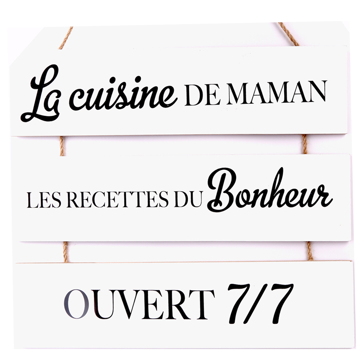Plaque triple bois \'Maman\' blanc noir (La cuisine de Maman, les recettes du Bonheur ouvert 7/7) - 46x37 cm - [R0932]