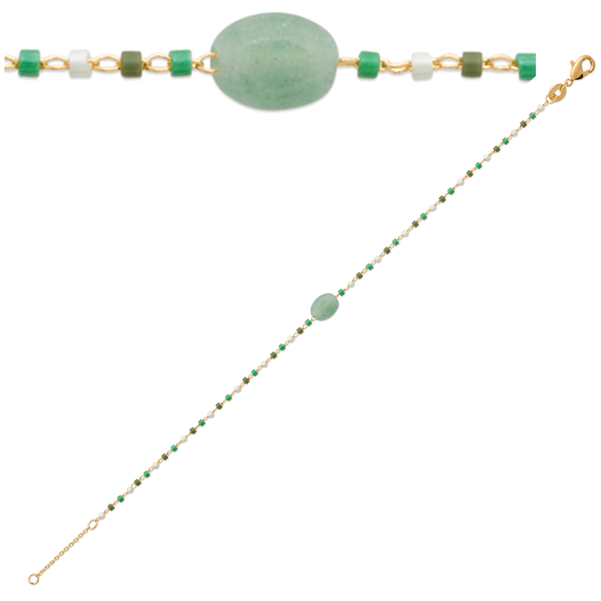 Bracelet Plaqué Or \'Boho\' vert doré (aventurine) - 8x6 mm - [R1117]