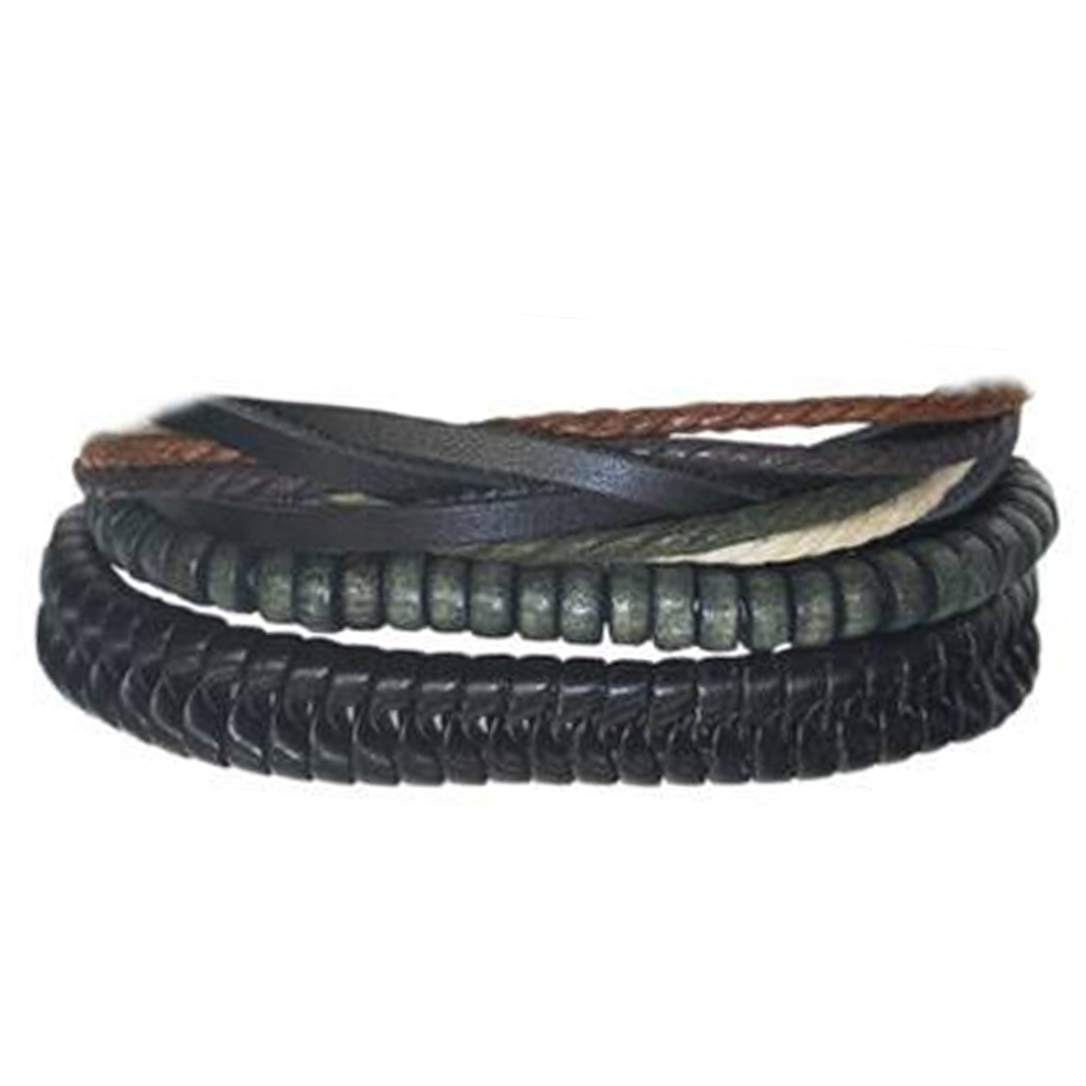 Bracelet ethnique cuir \'Kilimanjaro\' noir vert - largeur 3 à 4 cm - [R3457]