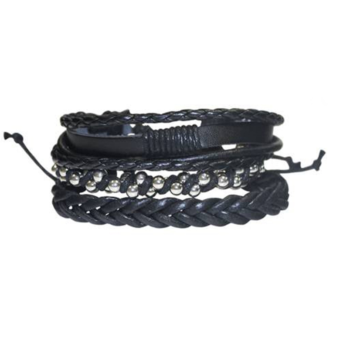 Bracelet ethnique cuir \'Kilimanjaro\' noir argenté - largeur 3 à 4 cm - [R3460]