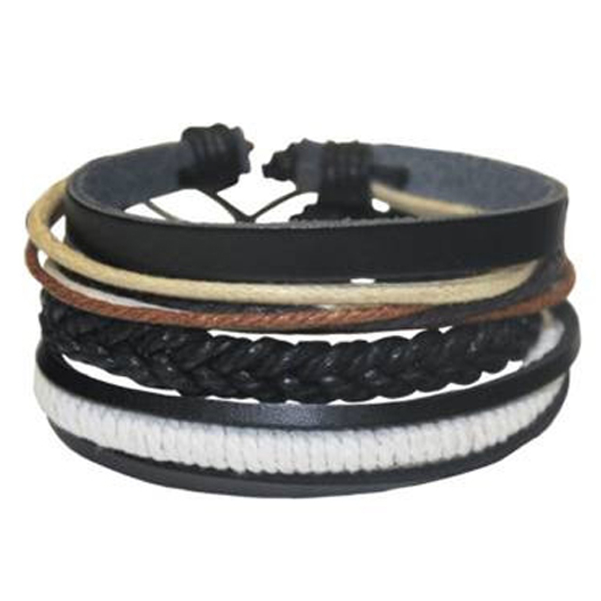 Bracelet ethnique cuir \'Kilimanjaro\' noir marron beige - largeur 3 à 4 cm - [R3461]