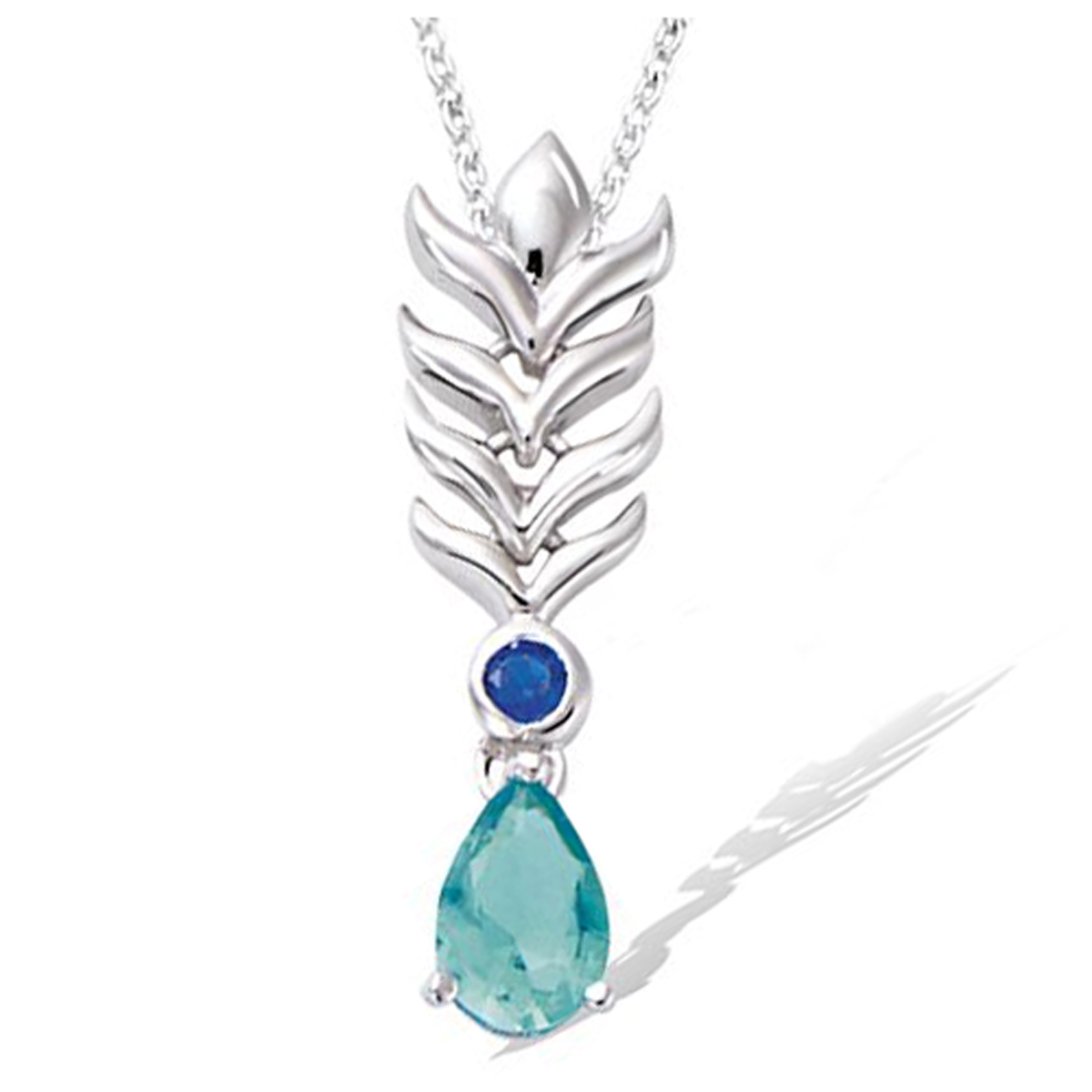 Collier argent \'Sissi\' vert bleu argenté (rhodié) - 30x9 mm (plume de paon) - [R3788]