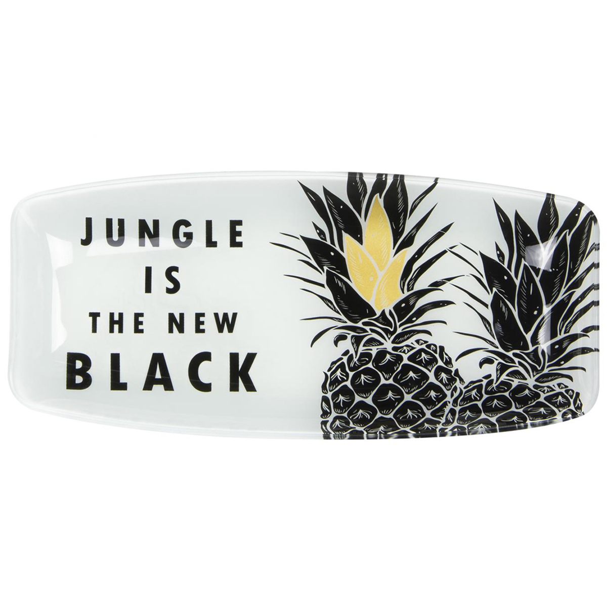 Plateau coupelle verre / plat à cake \'Tropical\' noir blanc doré (ananas - jungle is the new black) - 29x135 cm - [Q7998]