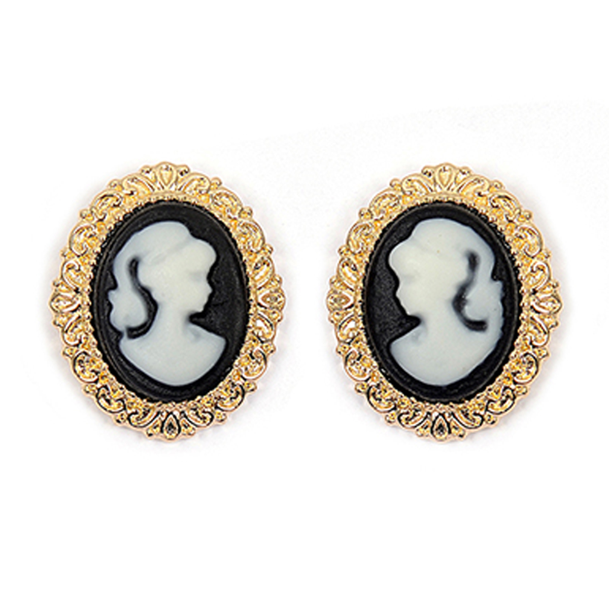 Boucles Plaqué Or \'Camee\' noir doré - 15x12 mm - [R3881]