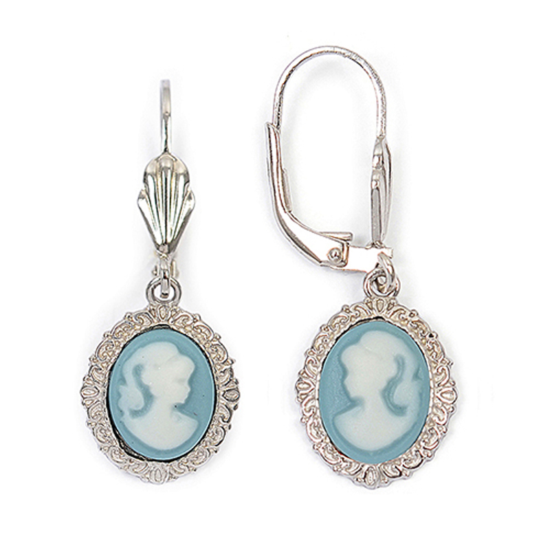 Dormeuses argent \'Camee\' bleu argenté (rhodié) - 15x12 mm - [R3885]