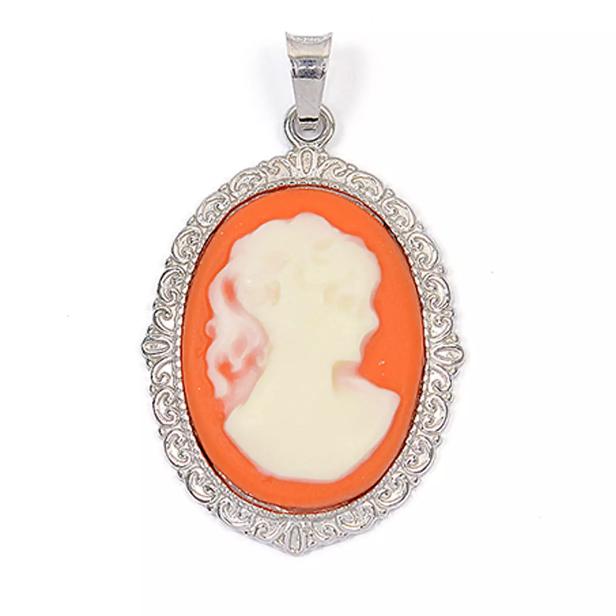 les trésors de lily Pendentif argent 'Camée' orange argenté (rhodié) 30x25 mm [R3897]