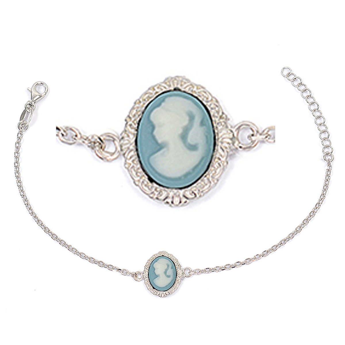 Bracelet argent \'Camee\' bleu argenté (rhodié) - 15x12 mm - [R3899]