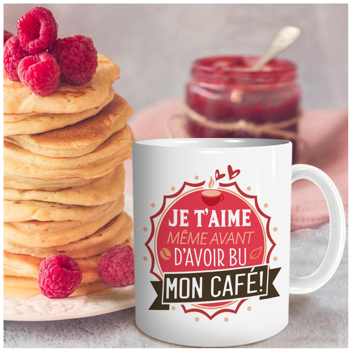 Mug céramique \'Mots d\'Amour\' rouge blanc (Je t\'aime même avant d\'avoir bu mon café !) - 95x8 cm - [A1595]