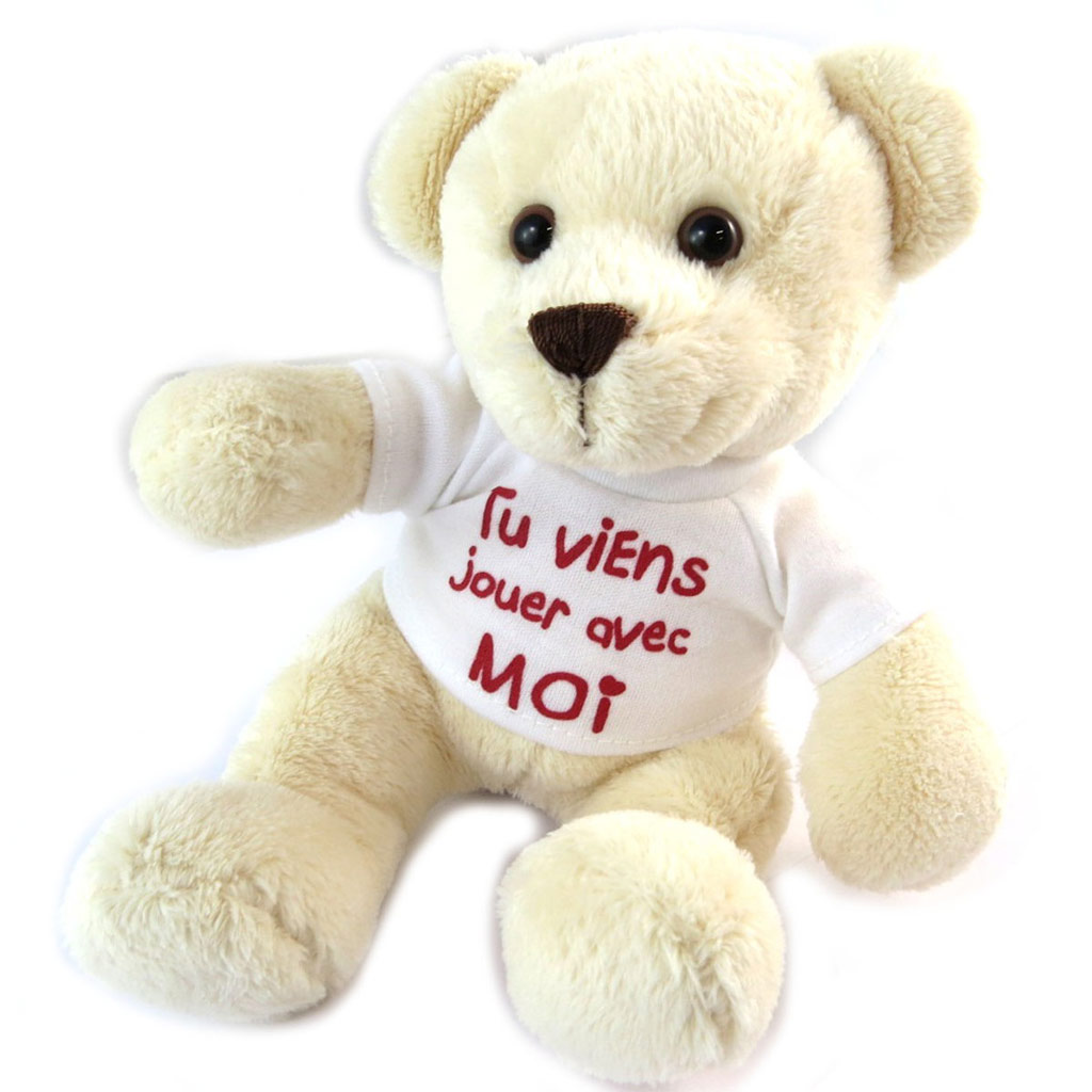 Peluche design \'Citations\' ivoire (\'Tu viens jouer avec moi\') - 17 cm - [N8488]