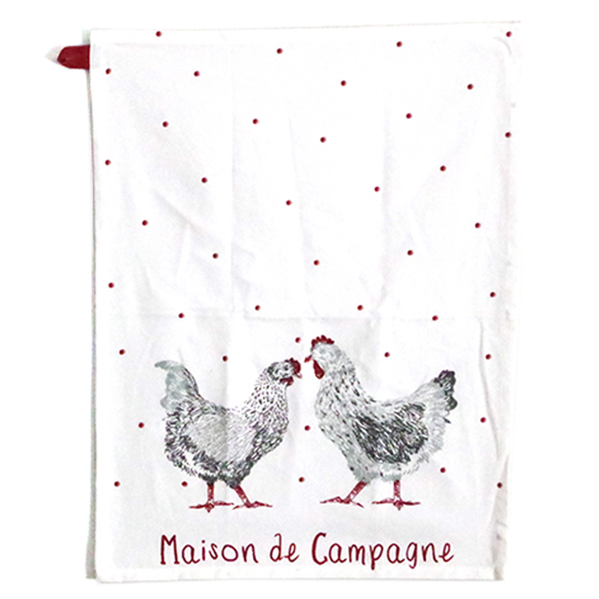 Torchon coton \'Poules\' rouge gris blanc (Maison de Campagne) - 60x45 cm - [A1117]