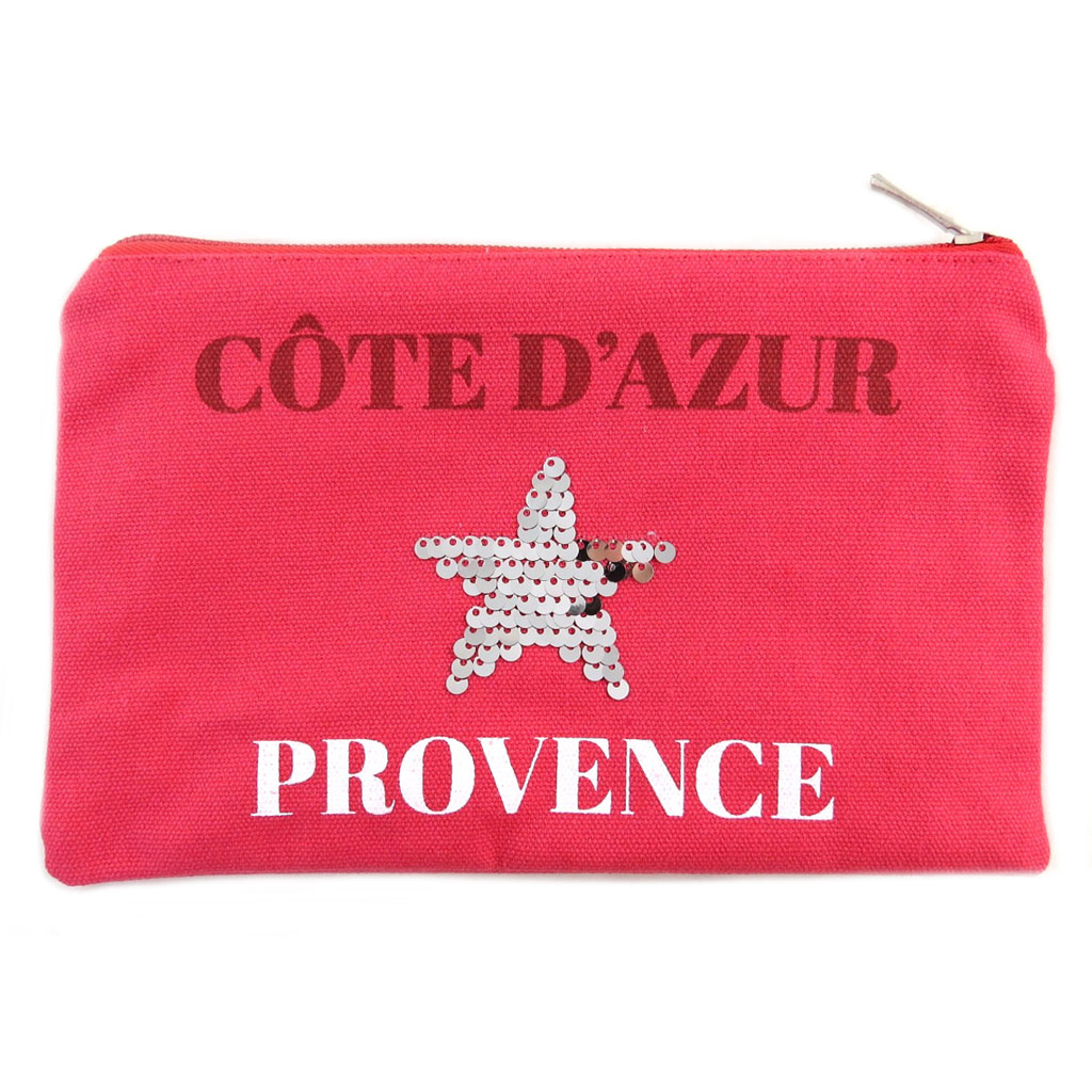 Trousse plate coton \'Côte d\'Azur Provence\' framboise (étoile) - 22x14 cm - [P9526]