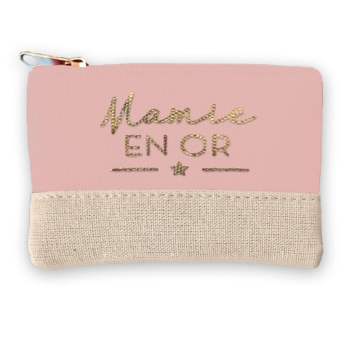 Porte-monnaie toile \'Mamie en Or\' rose beige - 12x8 cm - [A2092]
